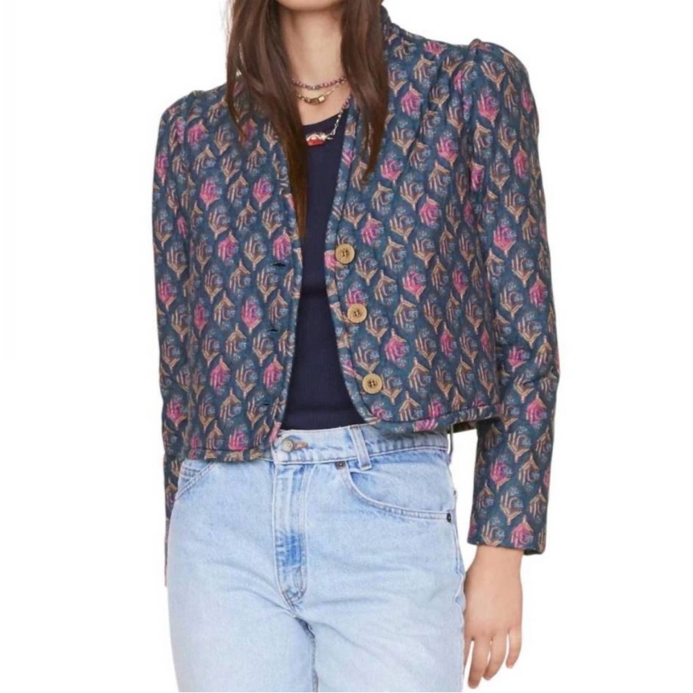 Xirena Ani Quilted Cotton Silk Blend Cropped Jacket in Navy Posey Floral